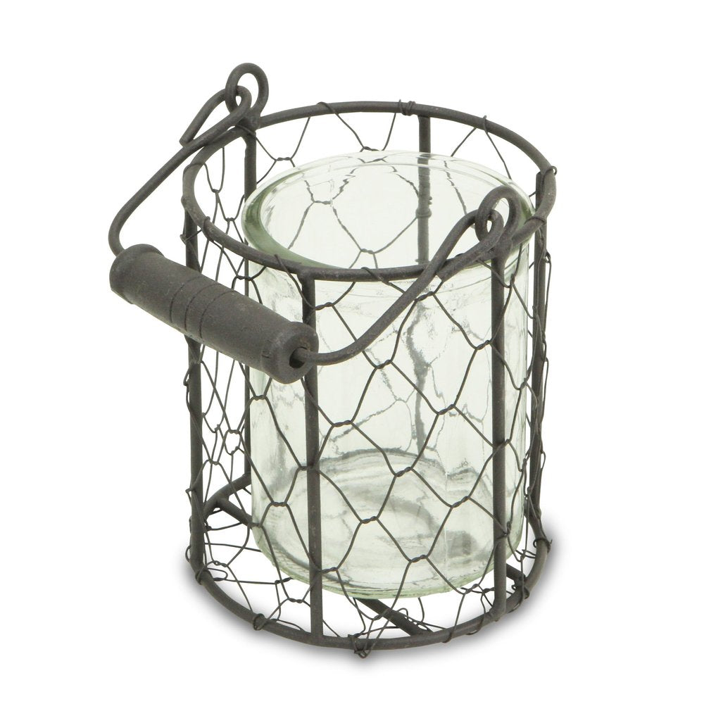5" Clear and Brown Metal Tabletop Lantern Candle Holder