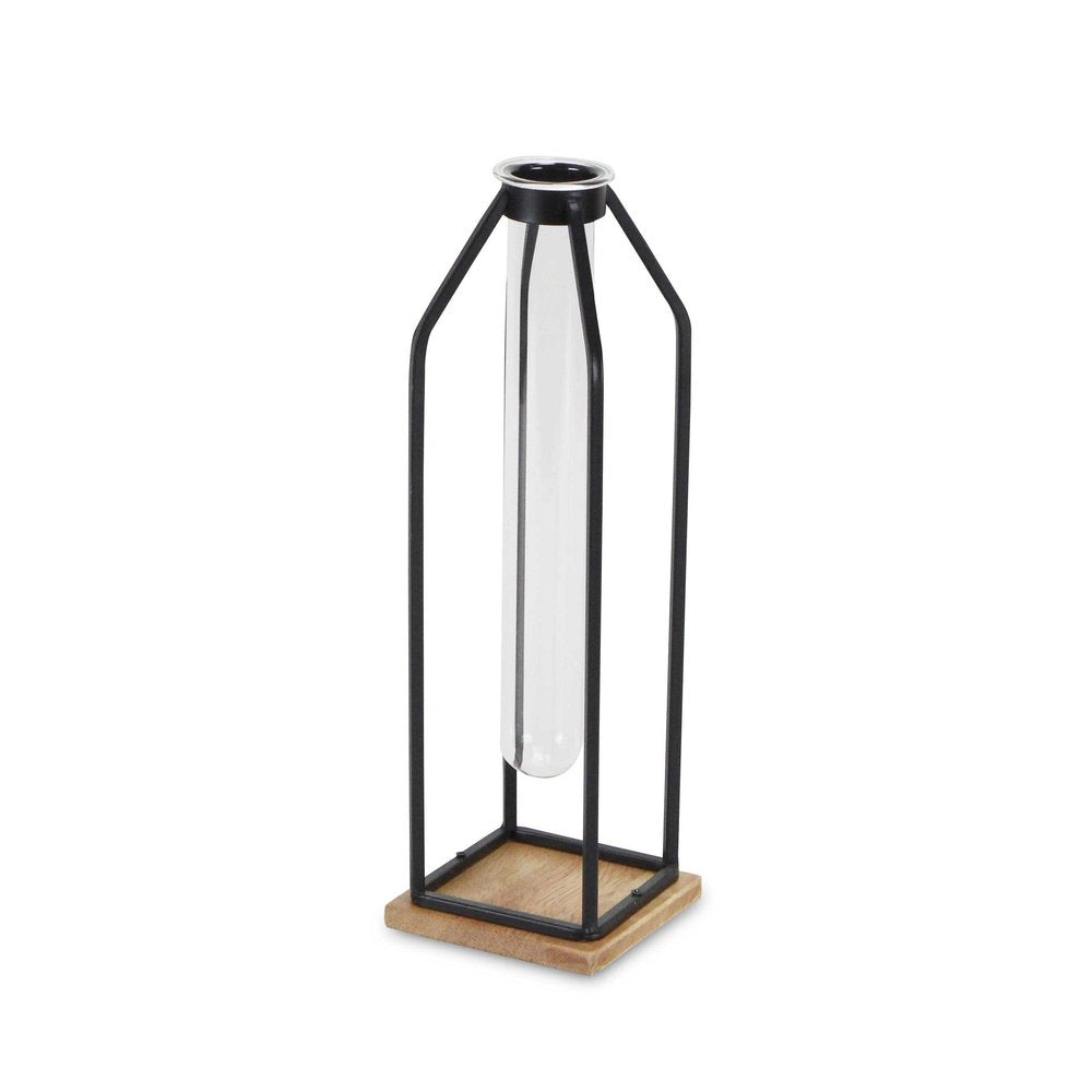 12" Black Clear And Natural Metal Glass And Wood Posy Test Tube Table Vase