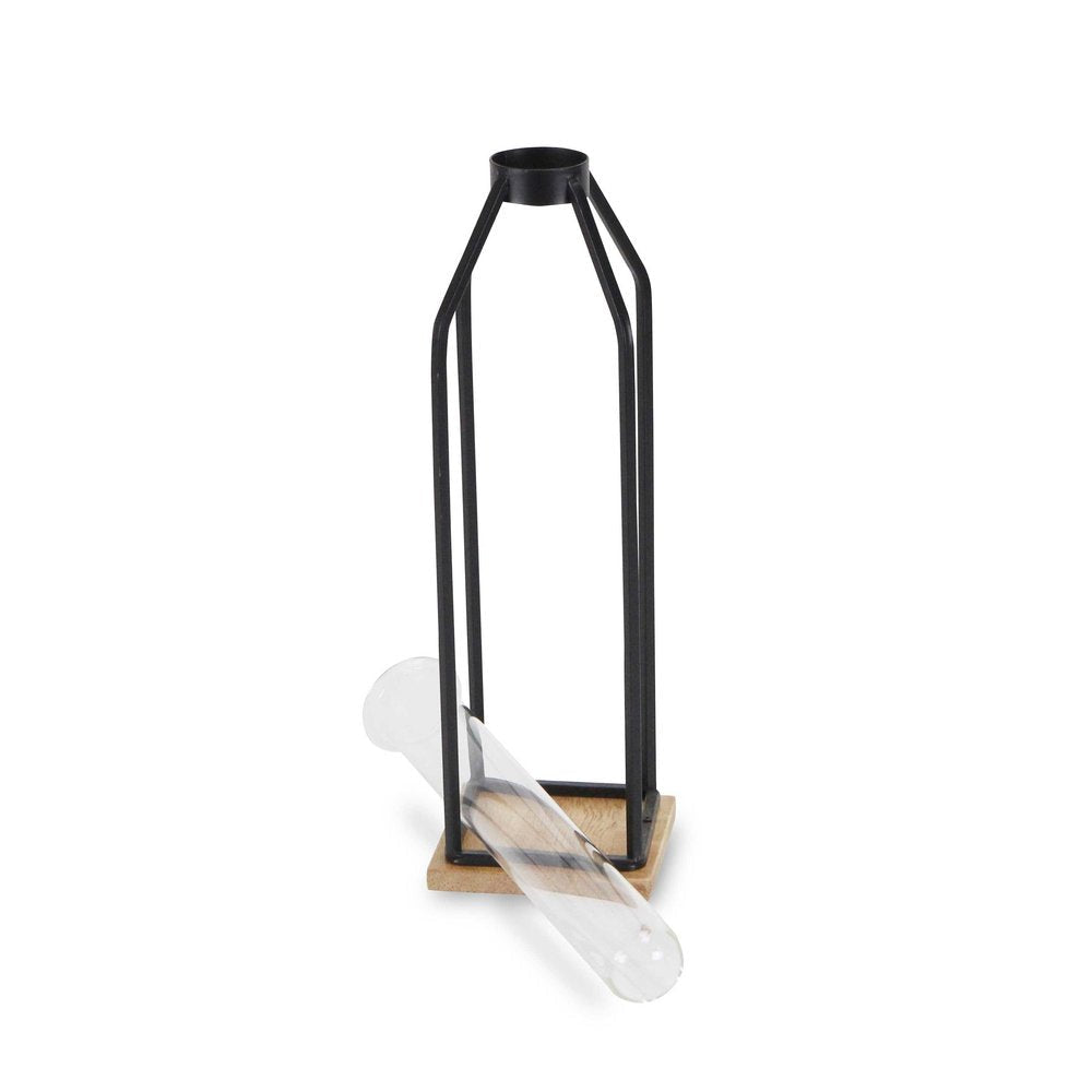 12" Black Clear And Natural Metal Glass And Wood Posy Test Tube Table Vase