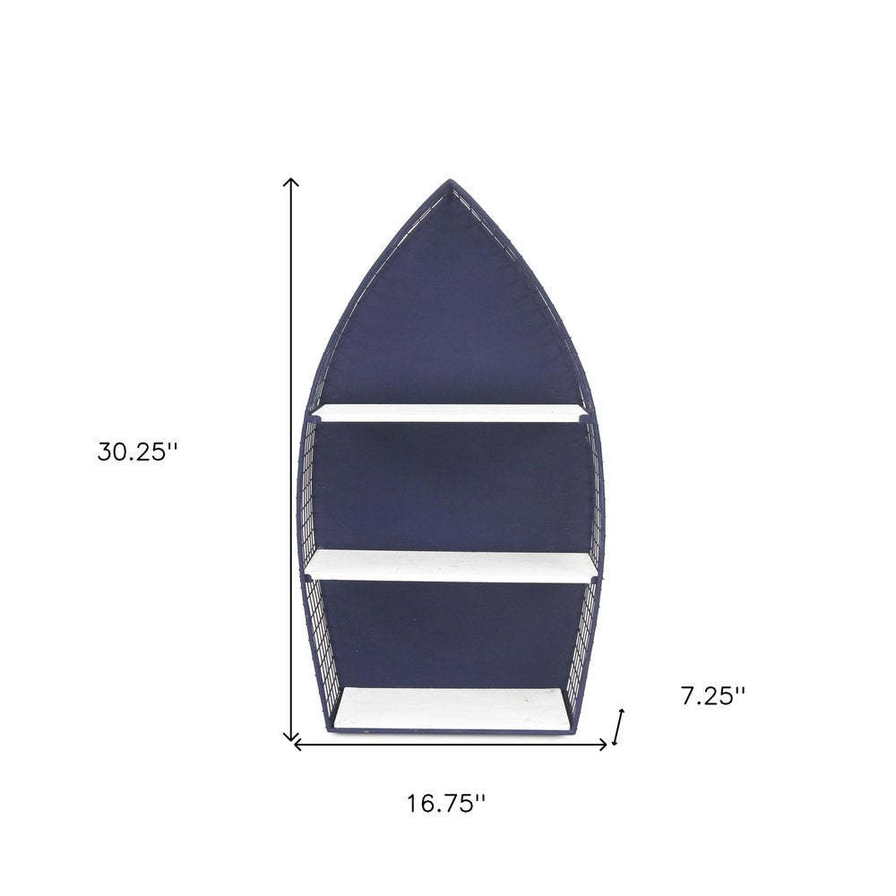 30" Navy Blue And White Metal and Wood Boat Shaped Bookcase