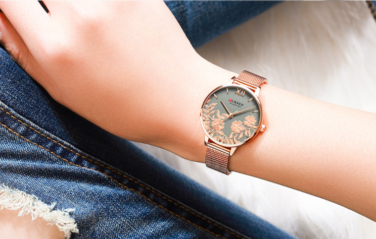 Women's Rose Gold Floral Dial Slim Mesh Strap Watch