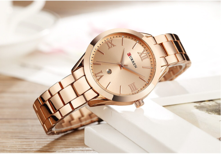 Women's Rose Gold Metal Bracelet Watch Slim Date Splash