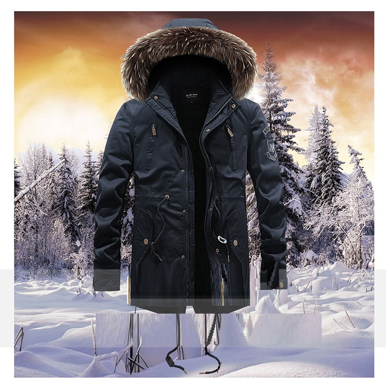 Men's Mid-length Cotton Coat With Big Fur Collar
