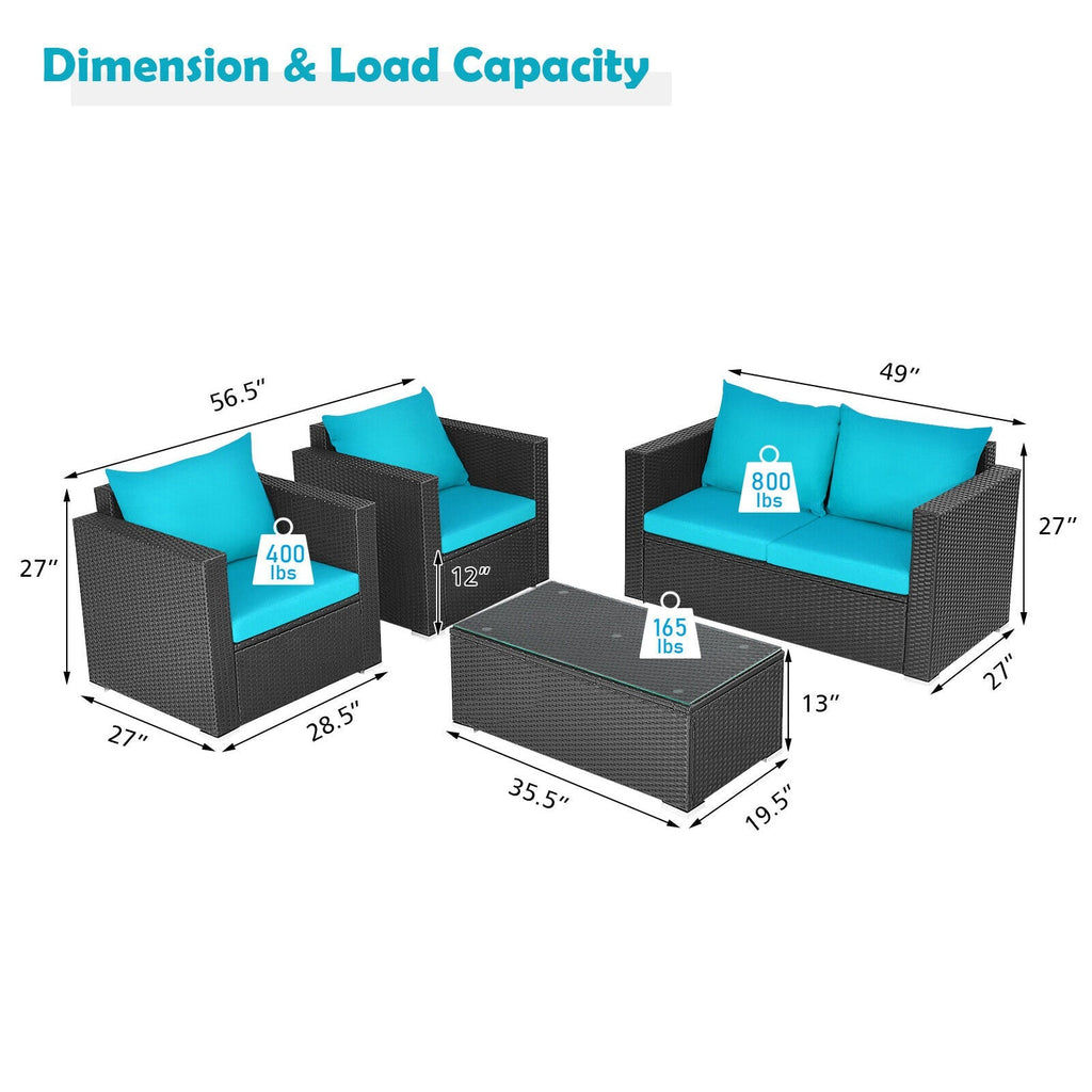 Alora 4-Piece Outdoor Rattan Wicker Patio Furniture Set With Turquoise Cushions (97145368)
