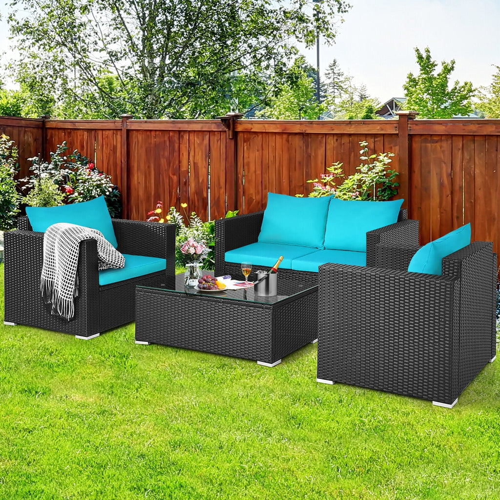 Alora 4-Piece Outdoor Rattan Wicker Patio Furniture Set With Turquoise Cushions (97145368)