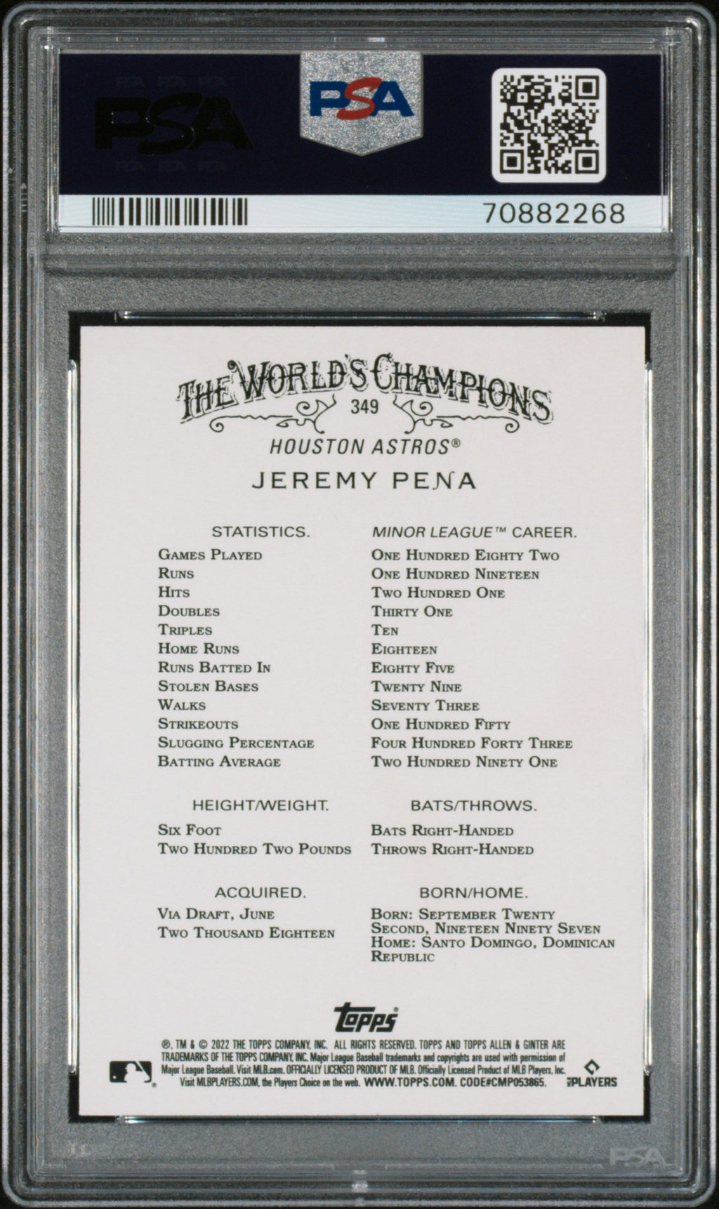 Graded 2022 Topps Allen & Ginter Jeremy Pena #349 Silver Portrait Rookie RC Baseball Card PSA 10 Gem Mint