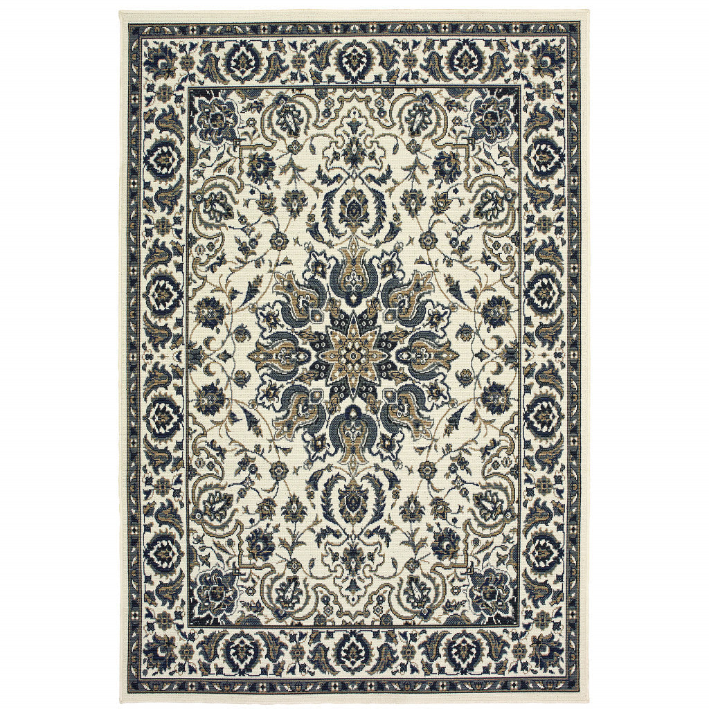 7' x 10' Ivory and Blue Oriental Stain Resistant Indoor Outdoor Area Rug