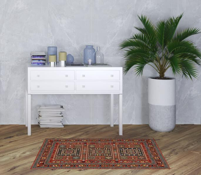 3' X 5' Red Black and White Oriental Power Loom Area Rug