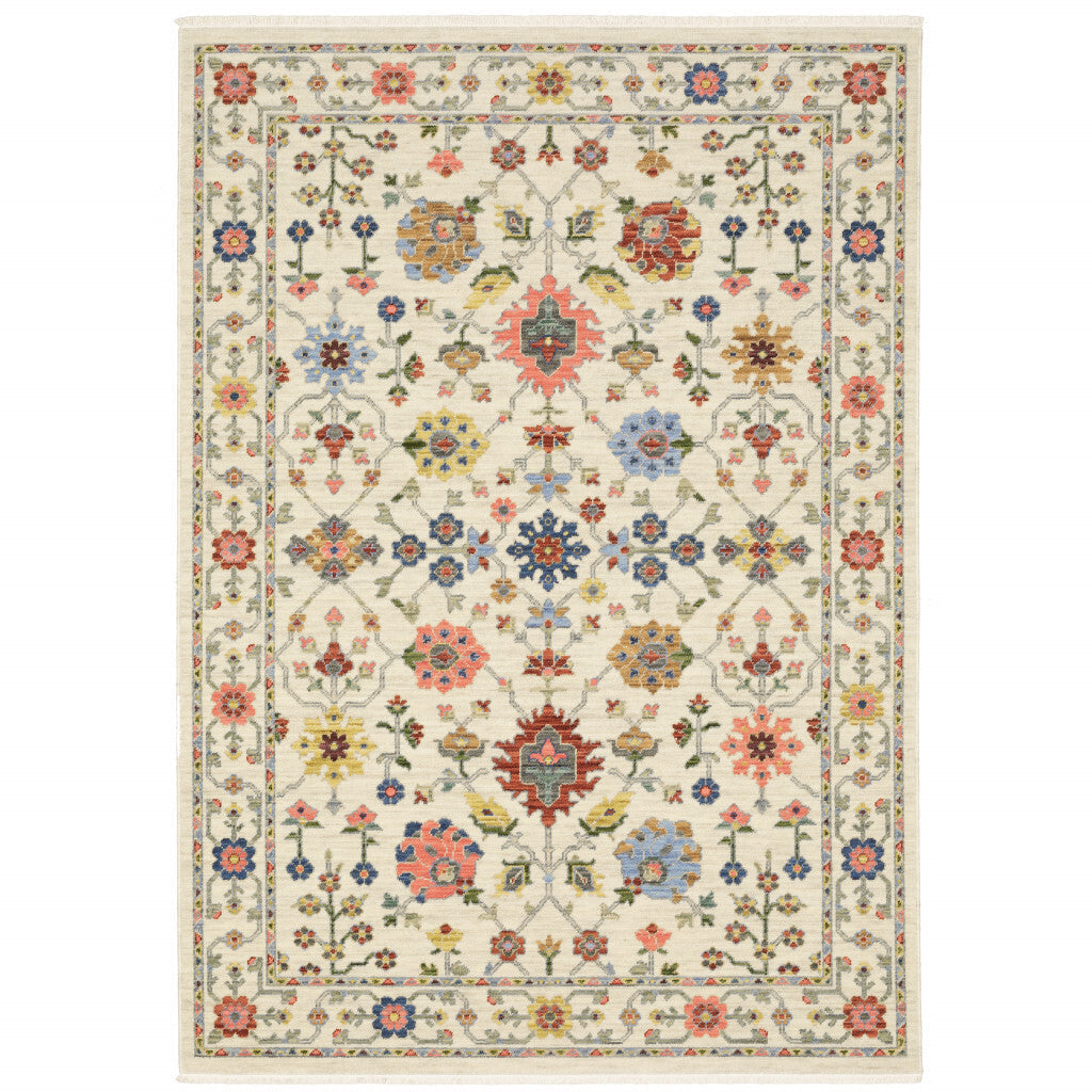 2' X 6' Ivory Salmon Pink Gold Blues Grey Rust And Green Oriental Power Loom Stain Resistant Runner Rug With Fringe