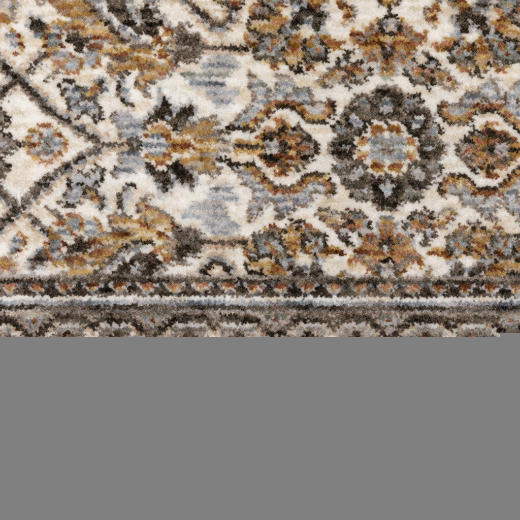 3' X 5' Ivory And Grey Oriental Power Loom Stain Resistant Area Rug With Fringe