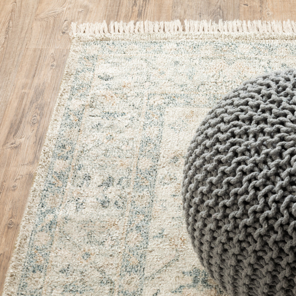 8' Beige and Black Oriental Hand Loomed Runner Rug With Fringe