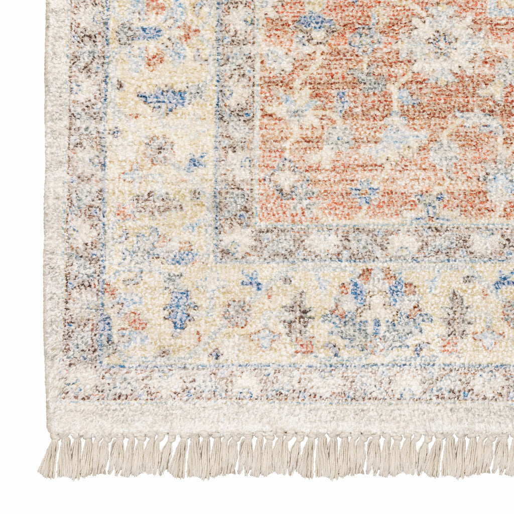 8' Blue and Orange Oriental Hand Loomed Runner Rug With Fringe