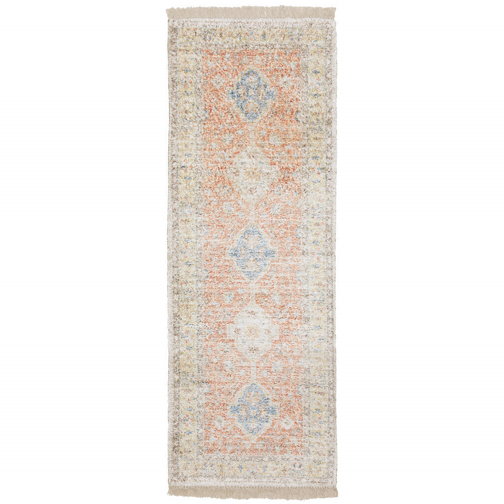 8' Blue and Orange Oriental Hand Loomed Runner Rug With Fringe