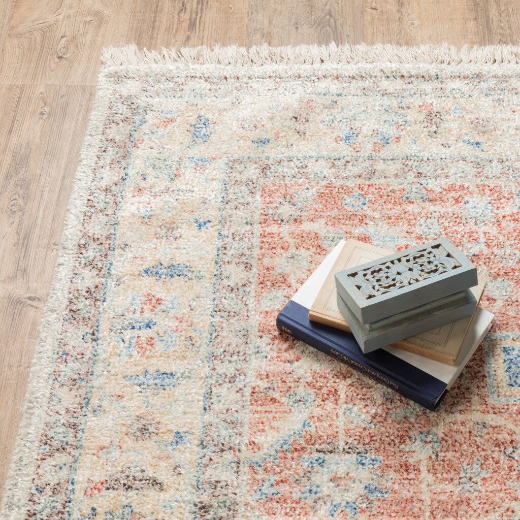 8' Blue and Orange Oriental Hand Loomed Runner Rug With Fringe