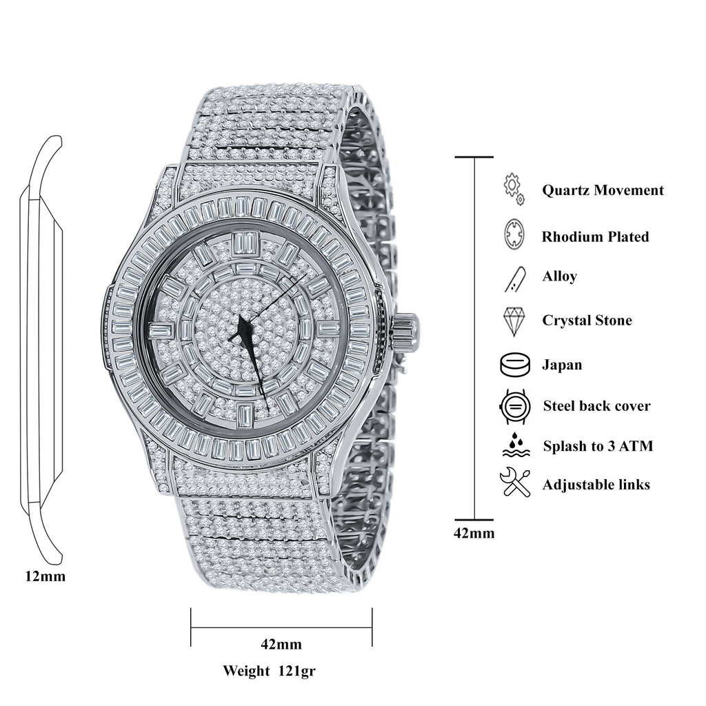 42mm Men's CZ Studded Silver Steel Bracelet Classic Watch