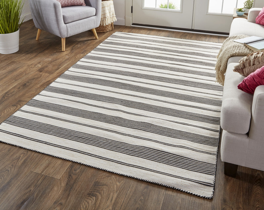 5' X 8' Black And White Striped Dhurrie Hand Woven Stain Resistant Area Rug