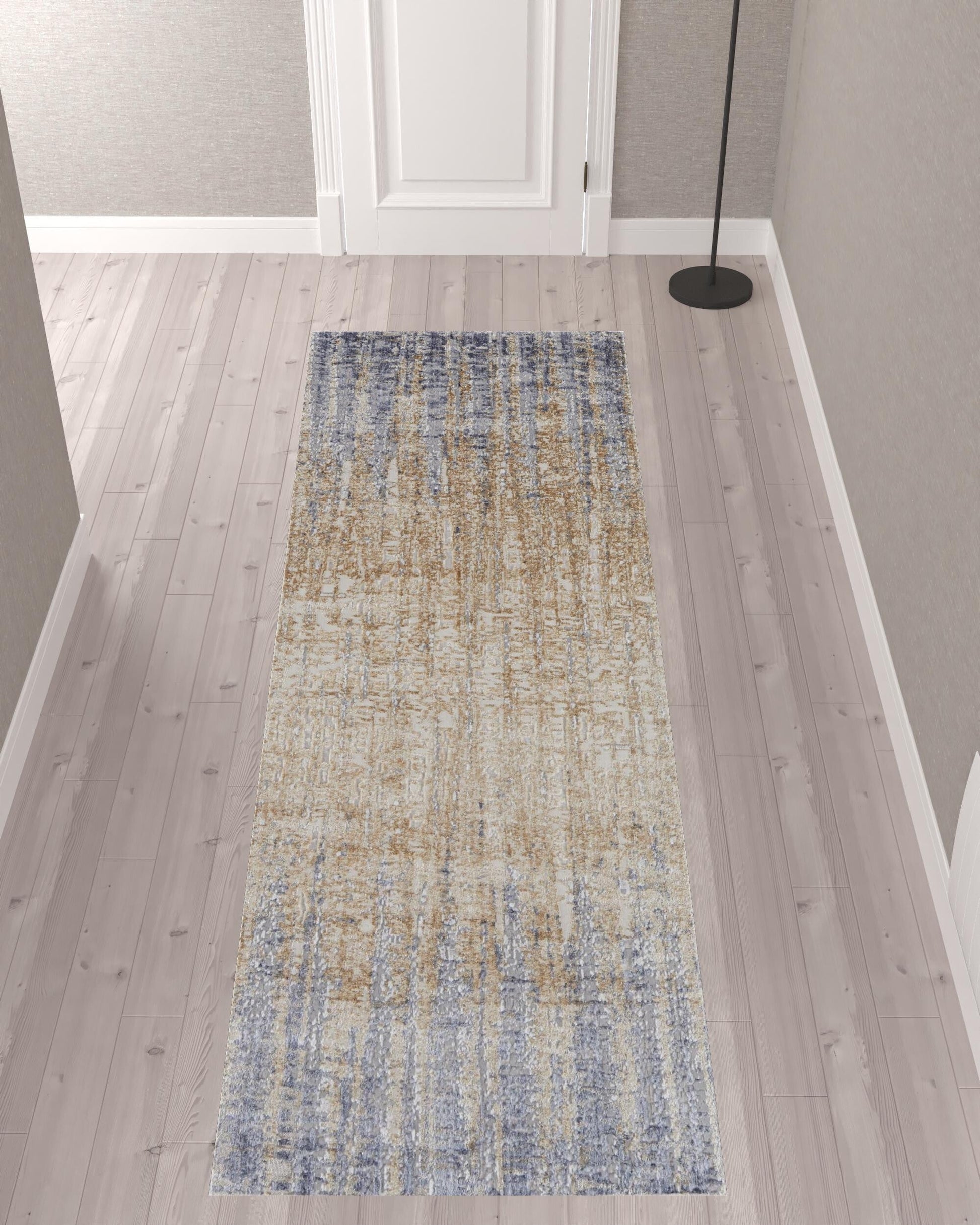 10' Tan and Brown Abstract Power Loom Distressed Non Skid Runner Rug