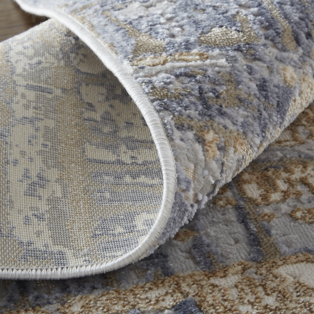 10' Tan and Brown Abstract Power Loom Distressed Non Skid Runner Rug
