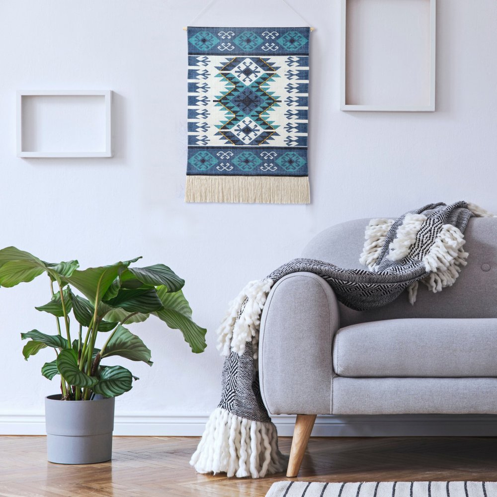 36" X 20" Blue Ivory And Teal Southwestern Cotton Hanging Tapestry