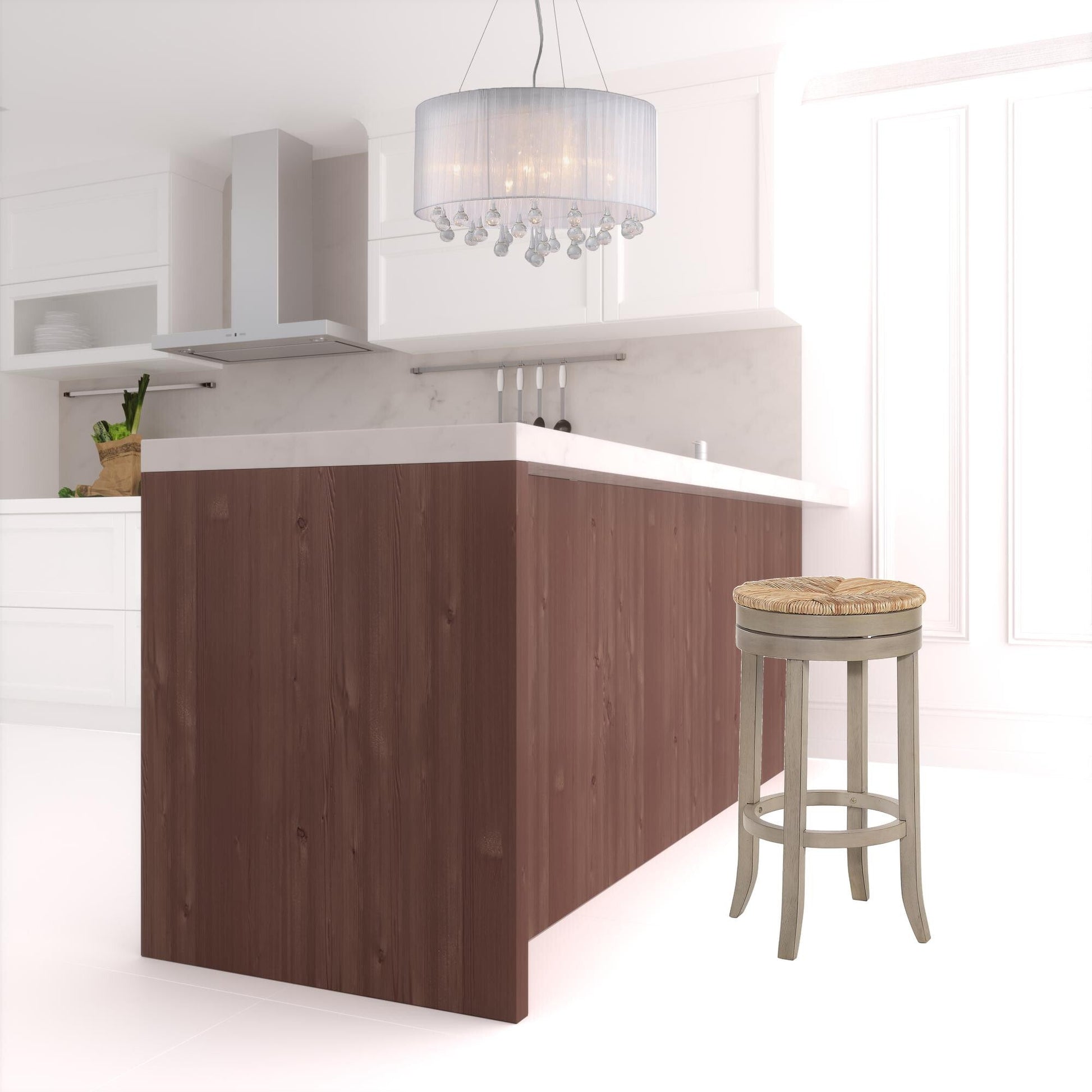 30" Natural And Gray Solid Wood Swivel Backless Bar Height Bar Chair