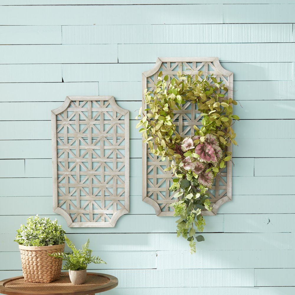 Set of Two Gray Geometric Lattice Wood Hanging Dimensional Sculptures