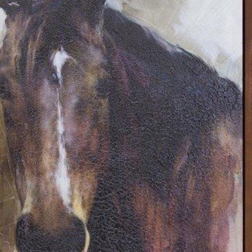 32" X 24" Brown Black And White Horse Wood Framed Art