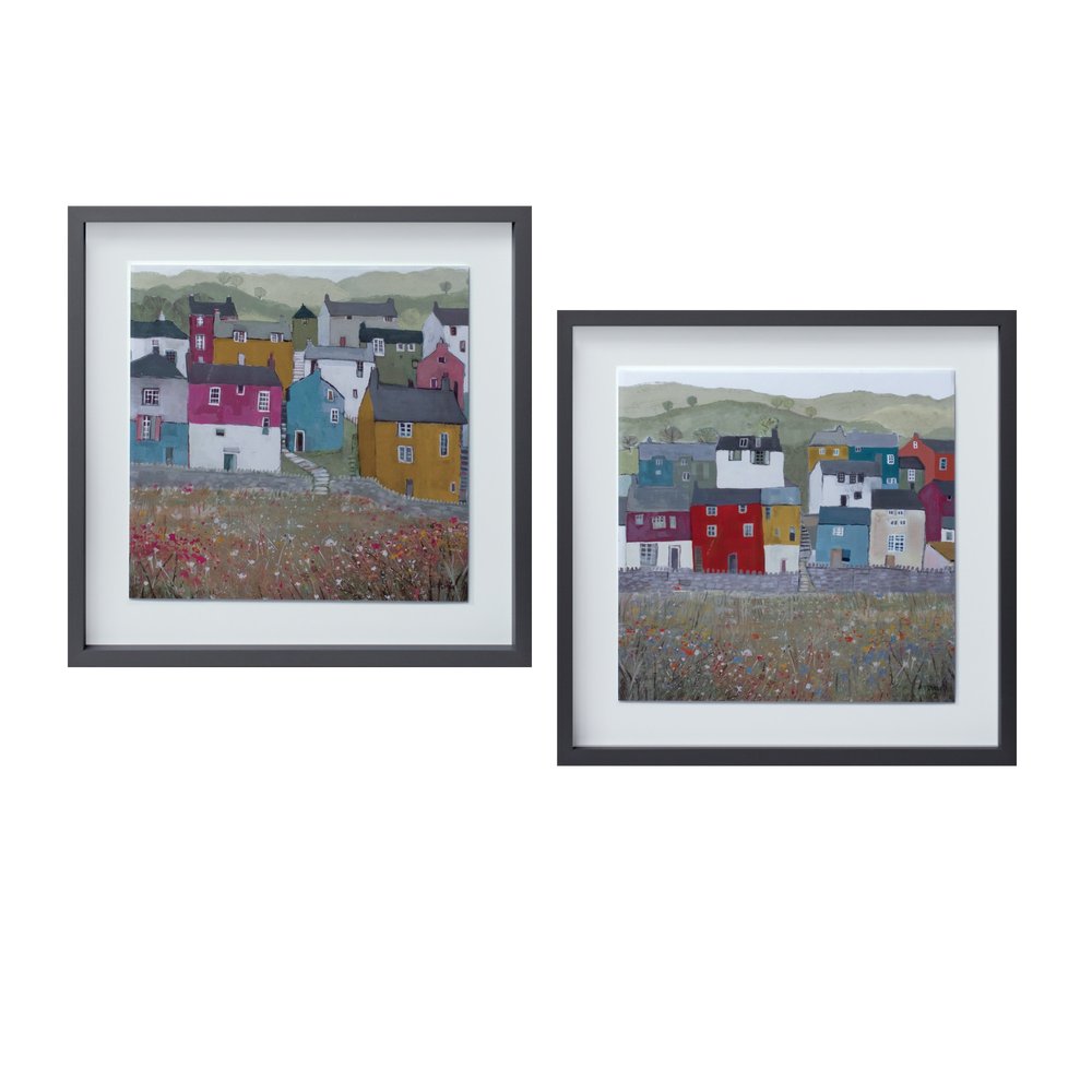 Set of Two Gray Green And Yellow Wood Square Framed Art