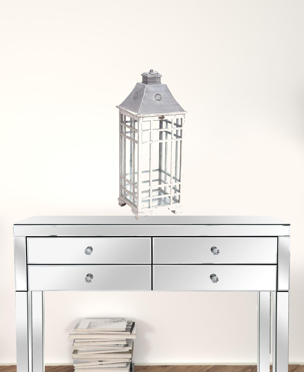 Set of Two White and Silver Metal Geometric Floor Lantern Candle Holders