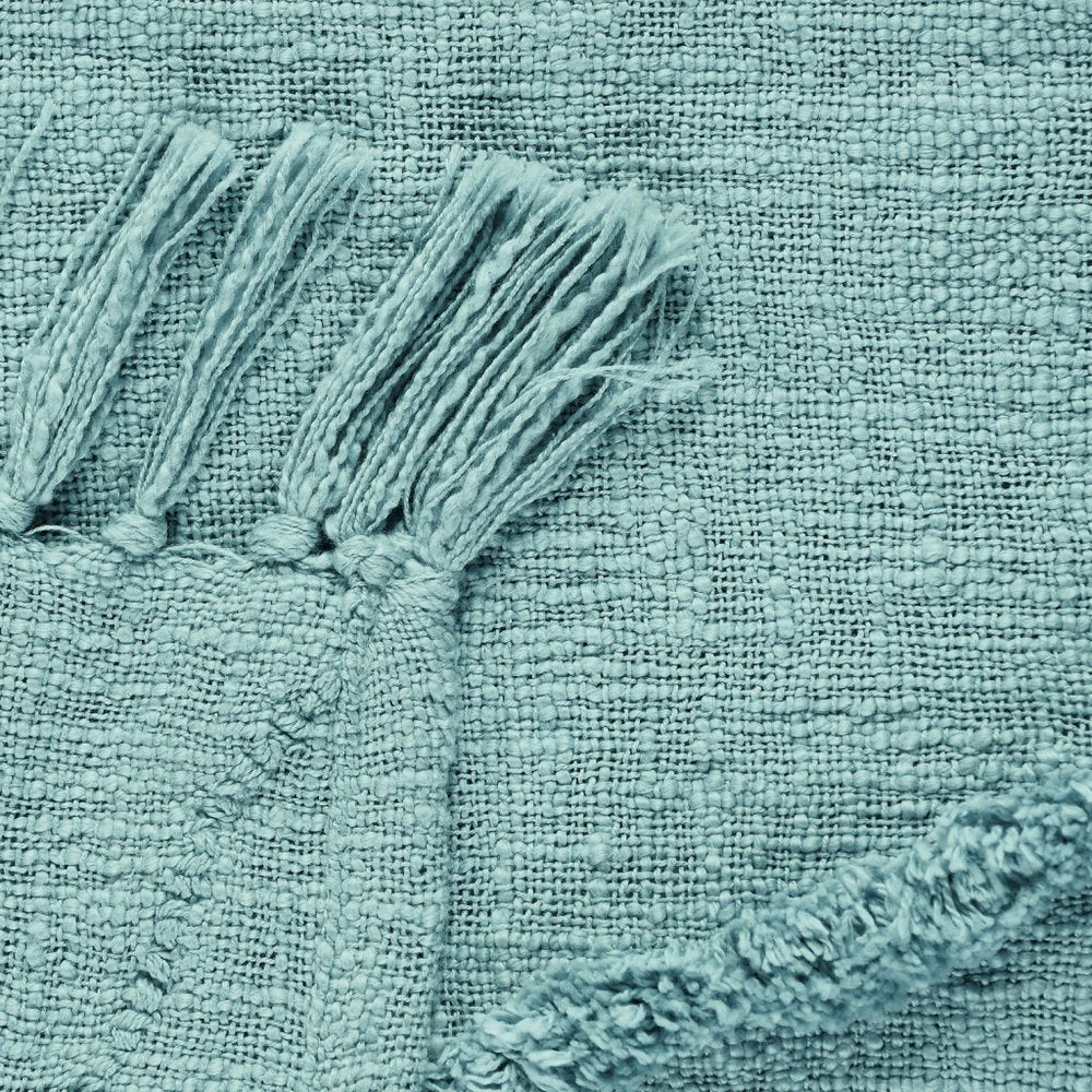 60" X 50" Blue Woven Cotton Throw Blanket with Fringe