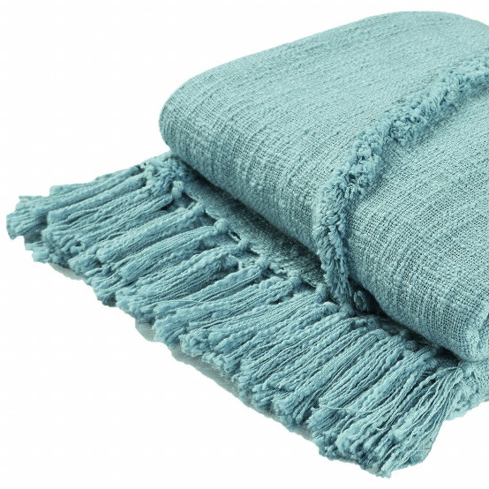 60" X 50" Blue Woven Cotton Throw Blanket with Fringe