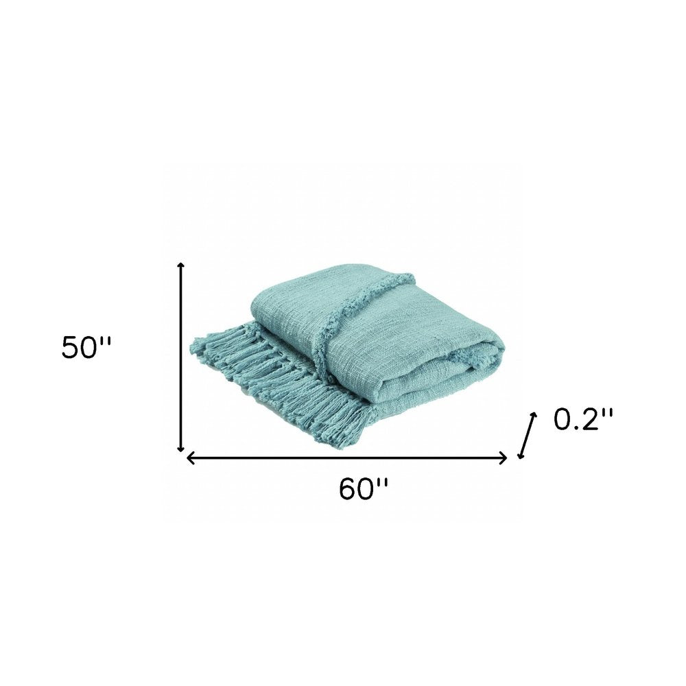 60" X 50" Blue Woven Cotton Throw Blanket with Fringe