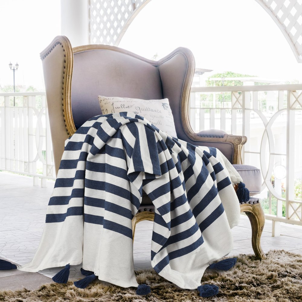 50" X 60" Blue and White Woven Cotton Striped Throw Blanket with Tassels