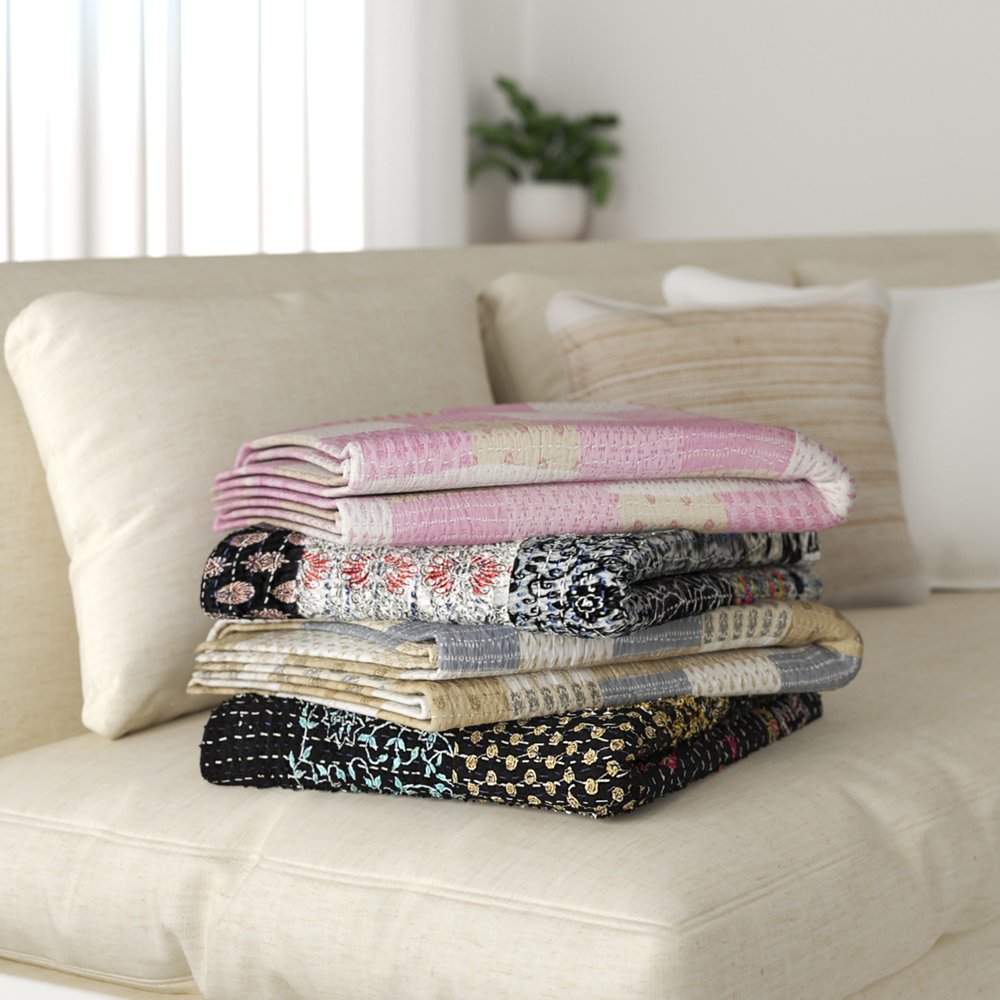 Gray Knitted Cotton Patchwork Throw Blanket