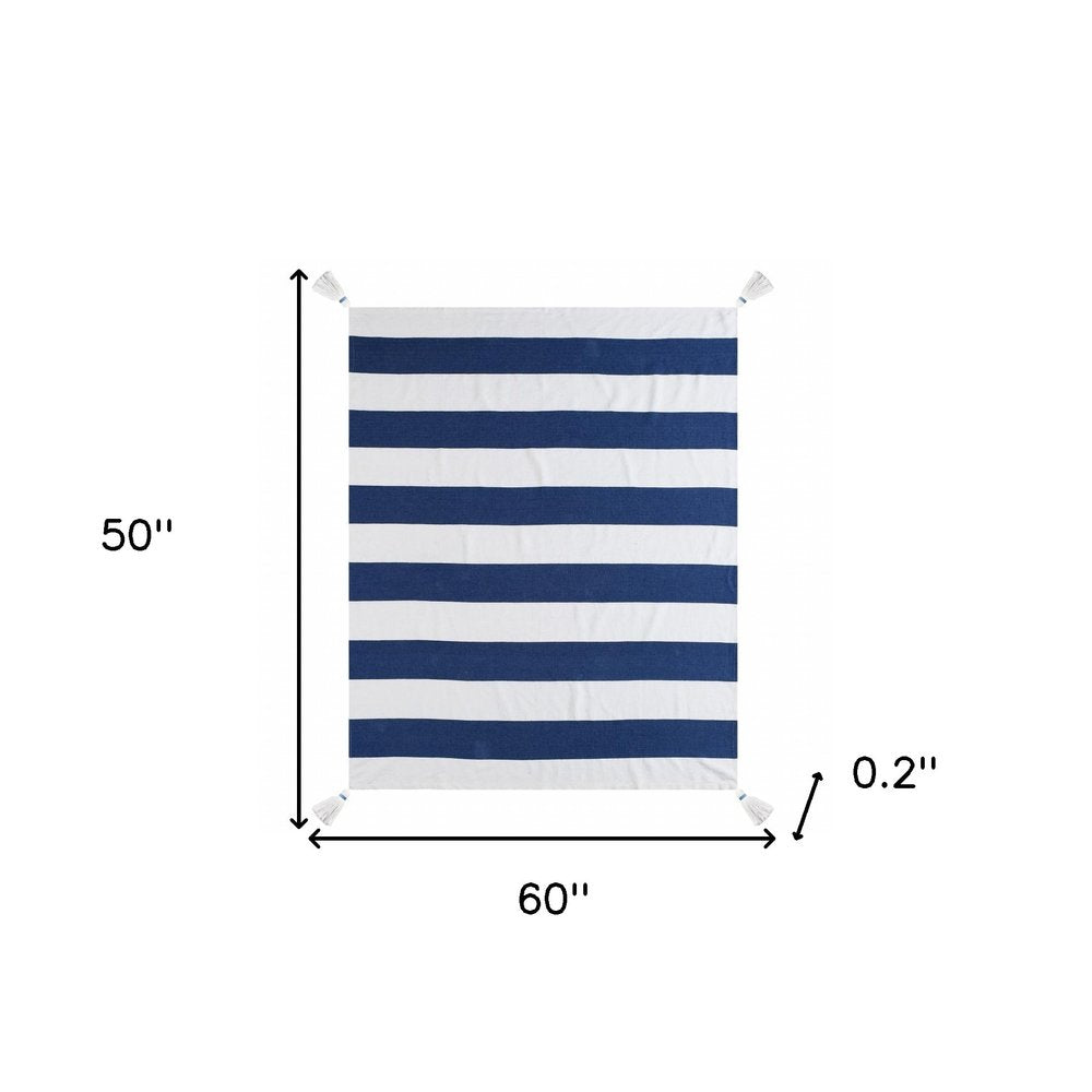 50" X 60" Gray and White Woven Cotton Striped Throw Blanket with Tassels