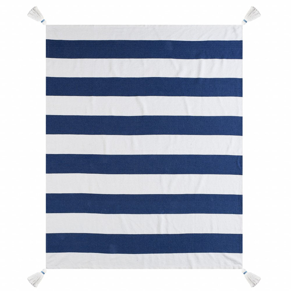 50" X 60" Gray and White Woven Cotton Striped Throw Blanket with Tassels