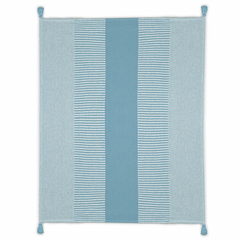 60" X 50" Green Woven Cotton Striped Throw Blanket with Tassels