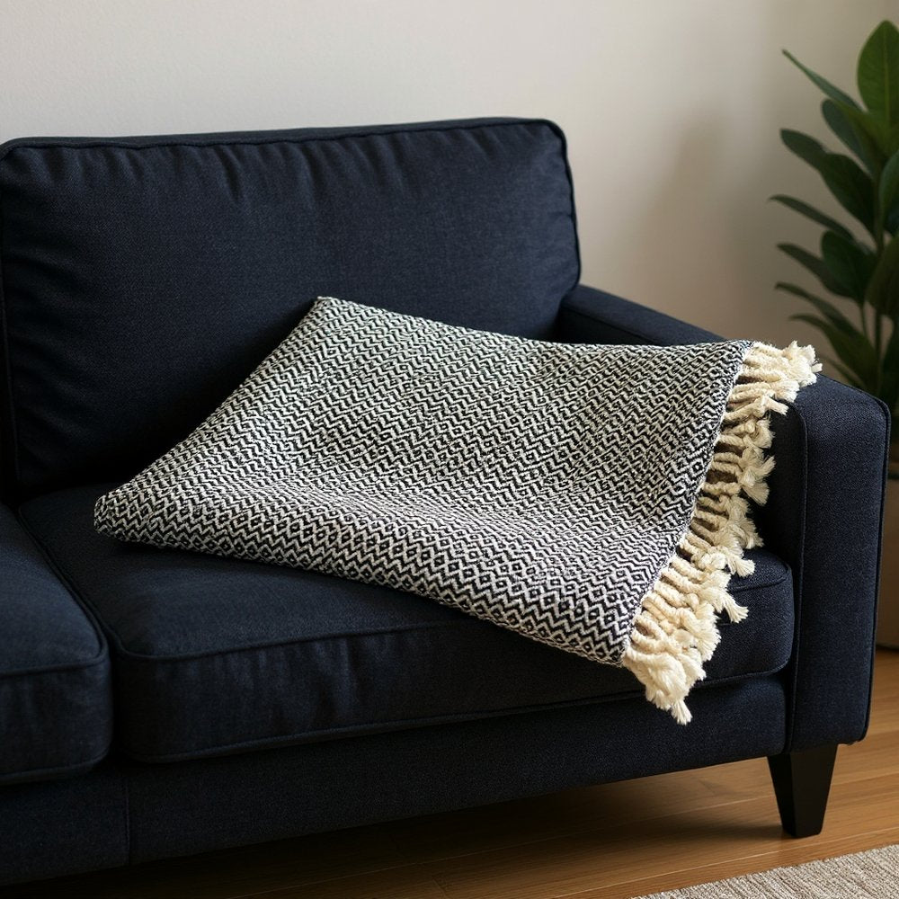 50" X 60" Blue and White Woven Cotton Geometric Throw Blanket with Fringe