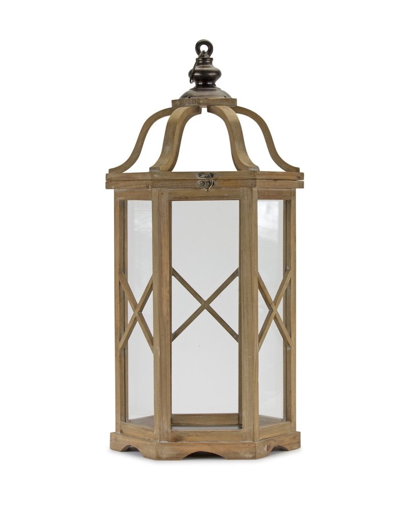 Set of Two Natural And Brown Distressed Geometric Wood And Metal Floor Lantern Candle Holders