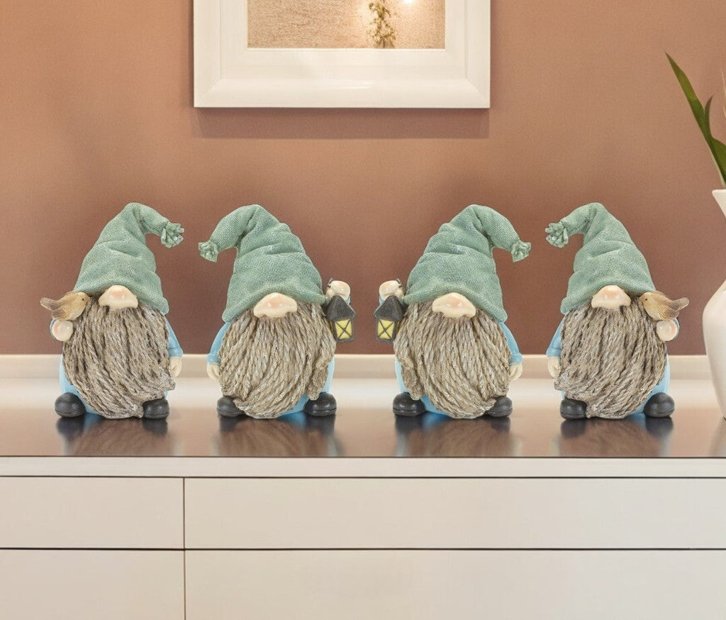 Set of Four Blue and Green Polyresin Garden Gnome Tabletop Sculptures