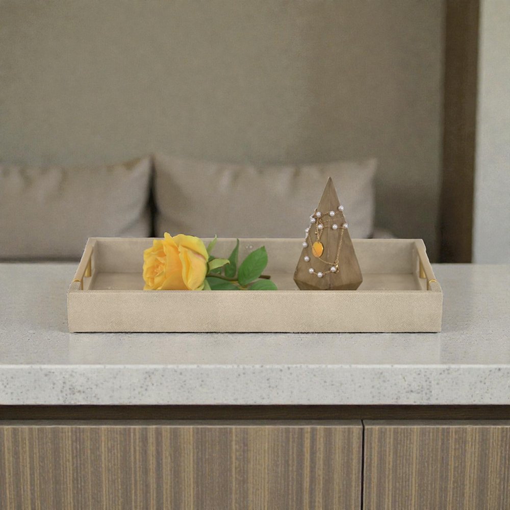 16" Cream Wood and Vinyl Faux Shagreen Serving Tray With Gold Handles
