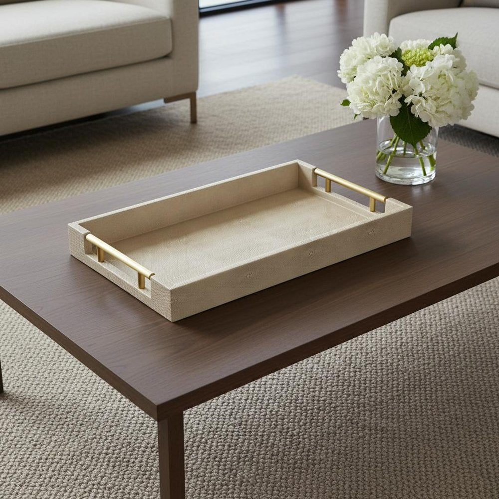 16" Cream Wood and Vinyl Faux Shagreen Serving Tray With Gold Handles