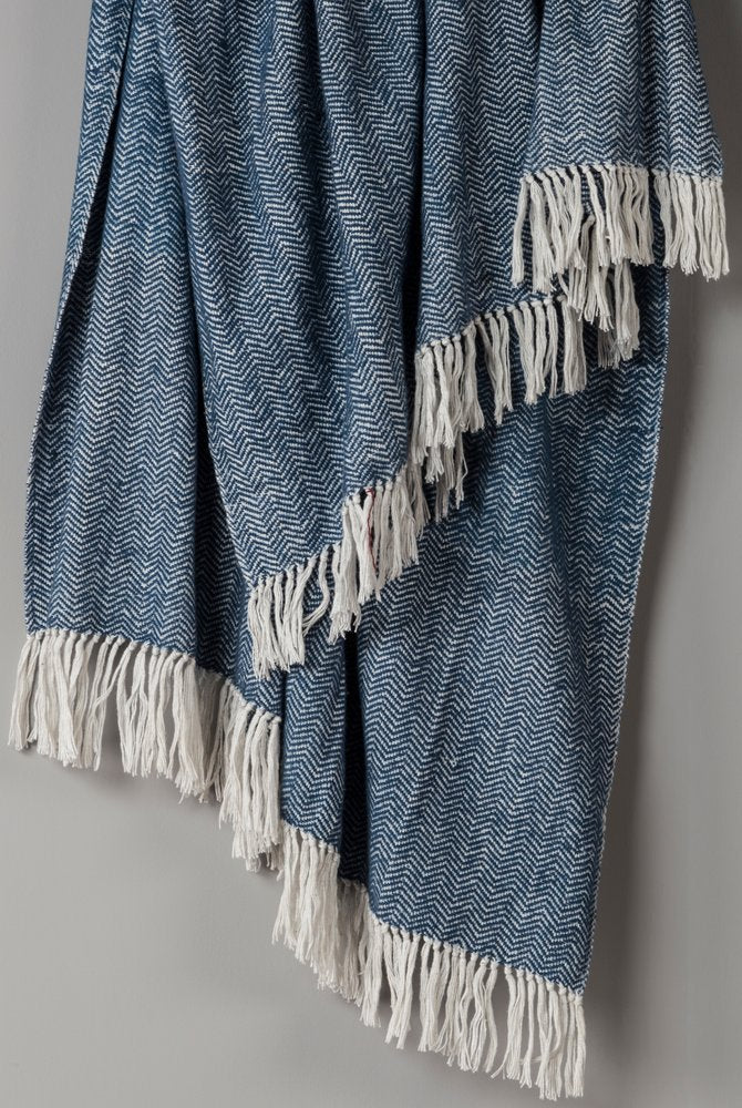 50" X 60" Navy Blue And White Chevron Cotton Throw Blanket with Fringe