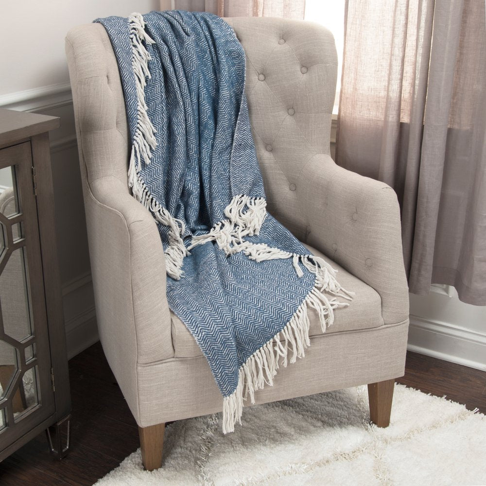 50" X 60" Navy Blue And White Chevron Cotton Throw Blanket with Fringe