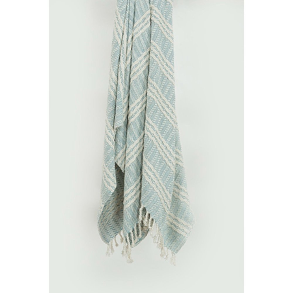 50" X 60" Light Blue Cotton Woven Striped Throw Blanket with Fringe