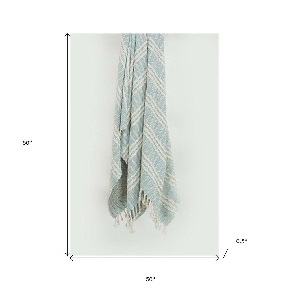 50" X 60" Light Blue Cotton Woven Striped Throw Blanket with Fringe