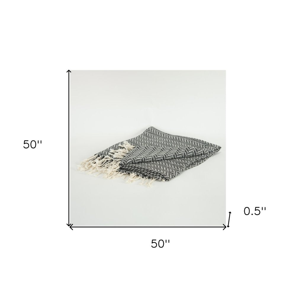 50" X 60" Black Cotton Woven Chevron Throw Blanket with Fringe