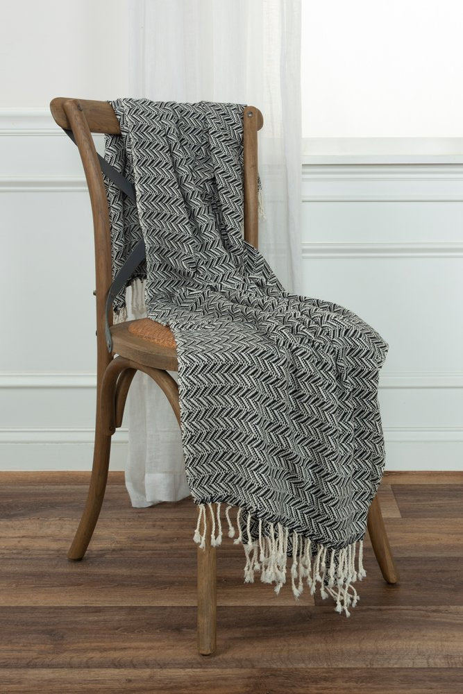 50" X 60" Black Cotton Woven Chevron Throw Blanket with Fringe