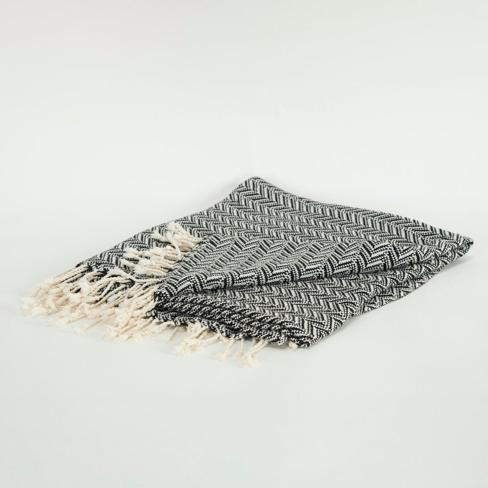 50" X 60" Black Cotton Woven Chevron Throw Blanket with Fringe