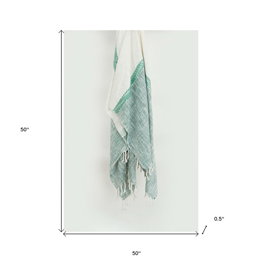 50" X 60" Teal And Blue Cotton Woven Color Block Throw Blanket with Fringe