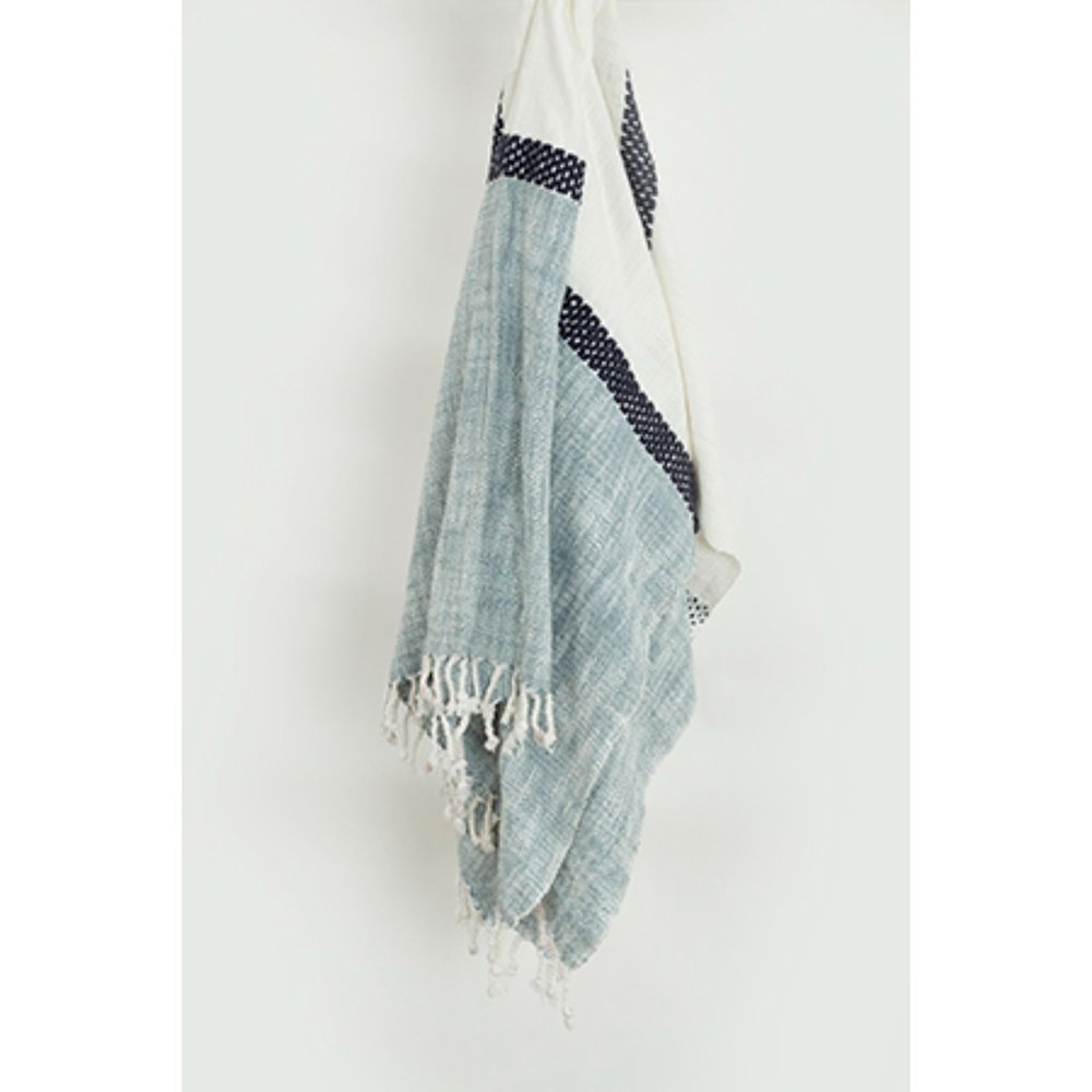 50" X 60" Blue And Ivory Cotton Woven Color Block Throw Blanket with Fringe